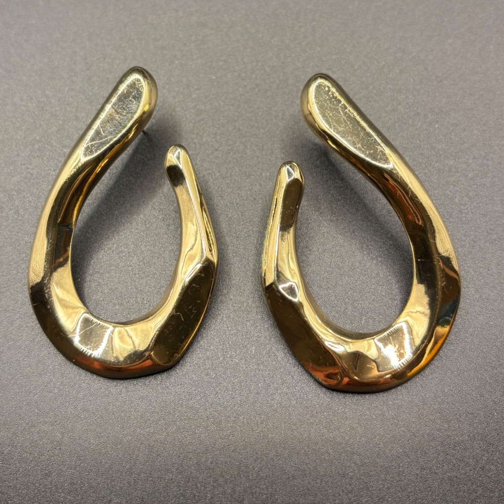 Gold Tone Abstract Wavy Teardrop Open Hoop Statement Earrings Post Back